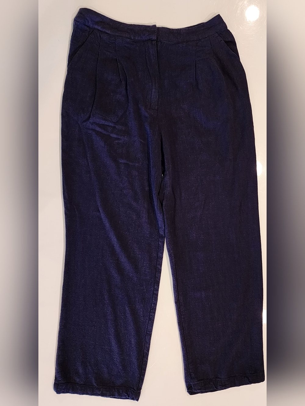 Skies Are Blue Deep Navy Blue Textured Linen Pintuck Wide Pants Women's Small